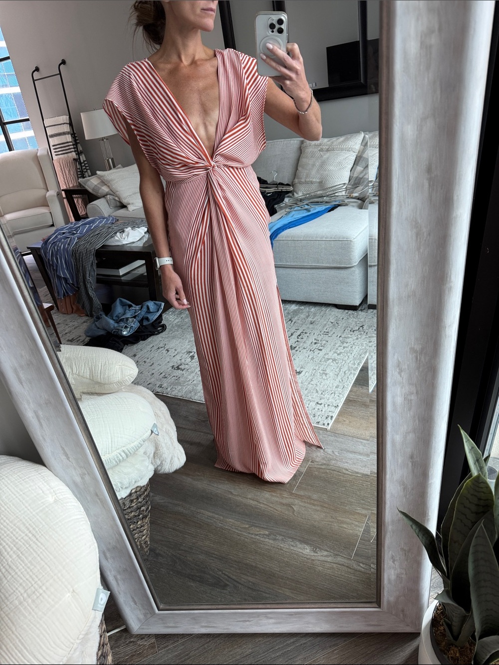 Striped Orange Twist-Front Maxi Dress